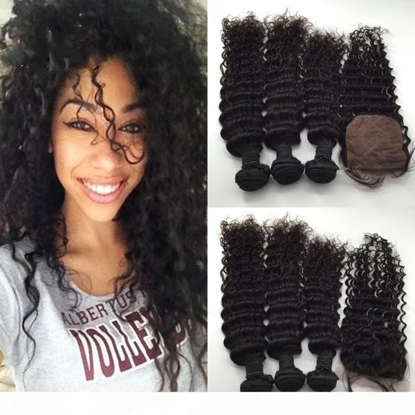 

8a silk base lace closure with bundles malaysian brazilian peruvian indian deep wave vingin hair 1 pc closure and 3 bundles weft, Black