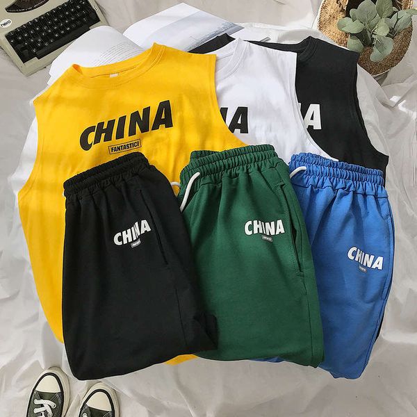 

vest + shorts korean fashion) thin two piece 2020 summer new men's loose casual sports suit, Gray