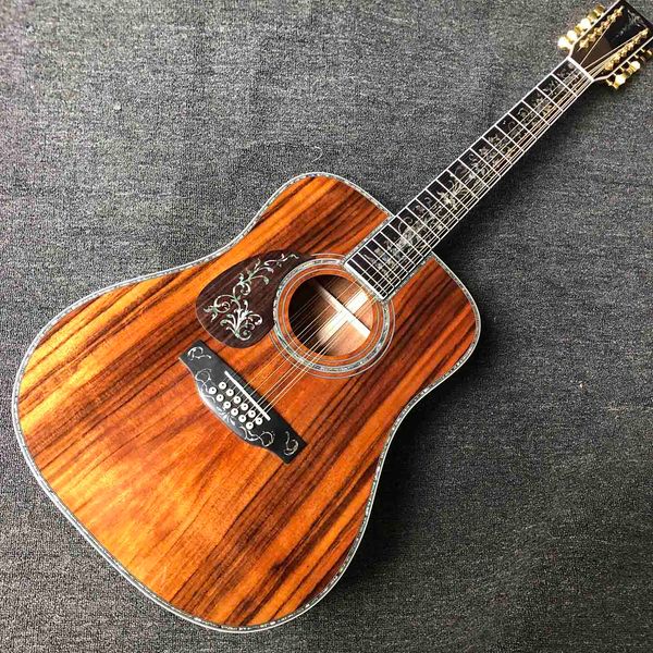 Custom Grand 12 Strings canhotos Guitarra Acústica D Corpo Sólido Koa Madeira Top Abalone Inlay Wood Pickguard Double Pickup