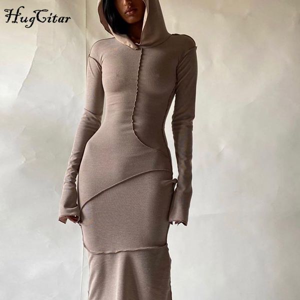 

casual dresses hugcitar 2021 long sleeve hooded patchwork skinny maxi dress autumn winter women fashion streetwear outfits, Black;gray