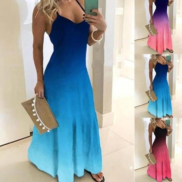 

2021 new fashion women gradient color tie dye print maxi dress slim ladies strap v-neck long dresses off shoulder, Black;gray