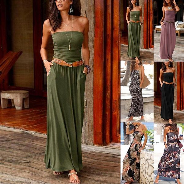 

2020 summer dress plus size beach bandeau holiday off shoulder long dress ladies summer solid party maxi dresses, Black;gray