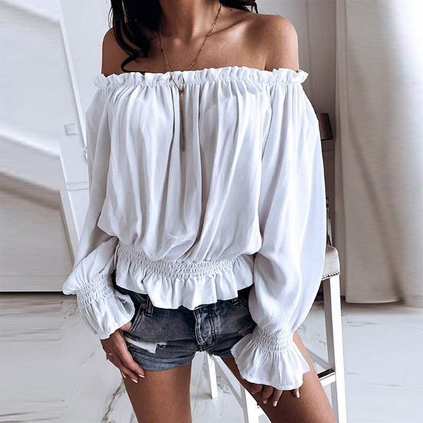 

office blouse off shoulder 2020 vonda plus size women casual elastic lace up hem chiffon blouse party shirts female tunic1, White