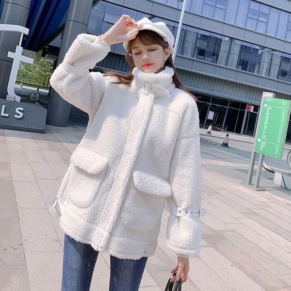 

winter jacket women 2021 new solid faux lamb fur jacket warm thick fashion loose plush ladies coat fluffy coat plus size, Black