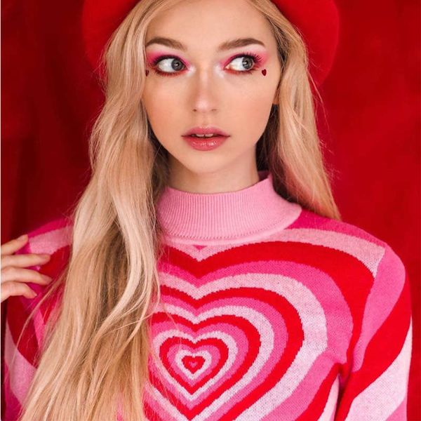 

love qiuins women's color matching rainbow half high neck slim net red pullover sweater, White;black