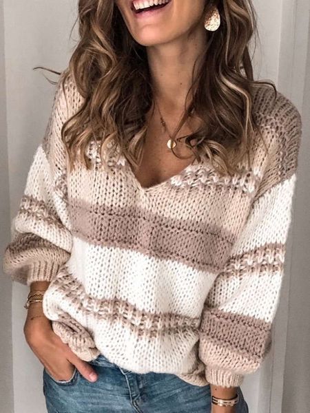 

long sleeve v-neck pullover loose stripe sweater for women, White;black
