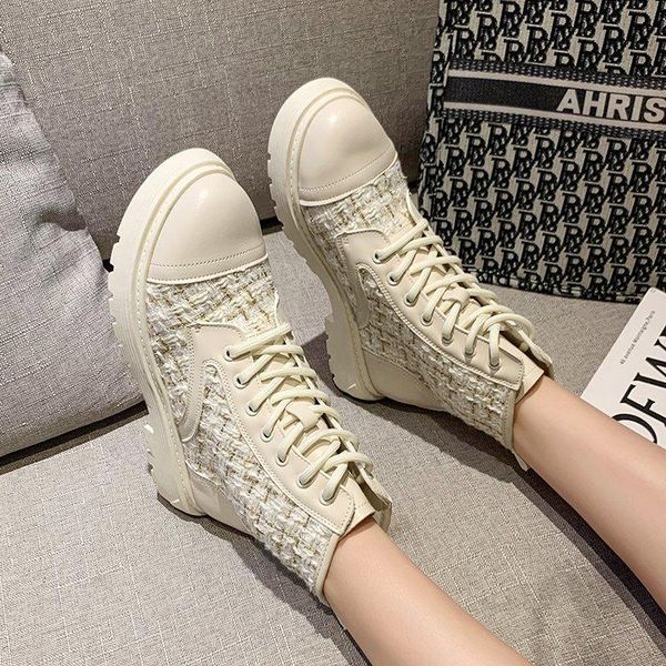

new plaid ankle boots women platform riding booties 2020 winter shoes wools lace up fashion motorcyle botas mujer 8437n, Black