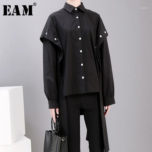 

eam] women button split back long big size blouse new lapel long sleeve loose fit shirt fashion tide spring autumn 2020 jg725011, White