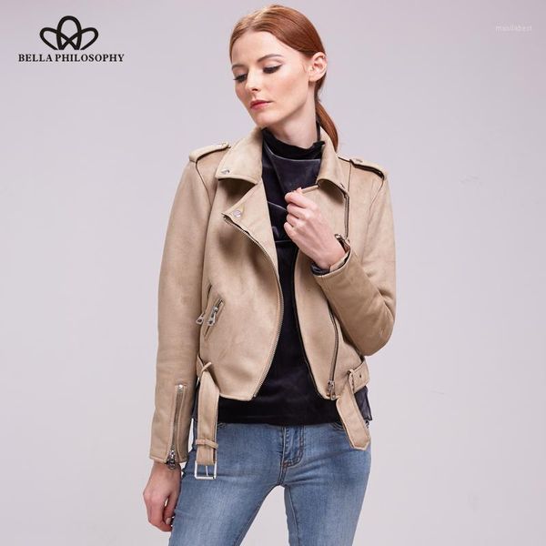 

women's jackets wholesale- bella philosophy women 2021 autumn winter coat jacket zipper turn-down collar faux suede biker khaki gray1, Black;brown