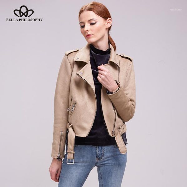 Giacche da donna all'ingrosso-Bella Philosophy Women 2021 Autunno Inverno Cappotto Giacca Cerniera Colletto rovesciato Faux Suede Biker Khaki Grey1