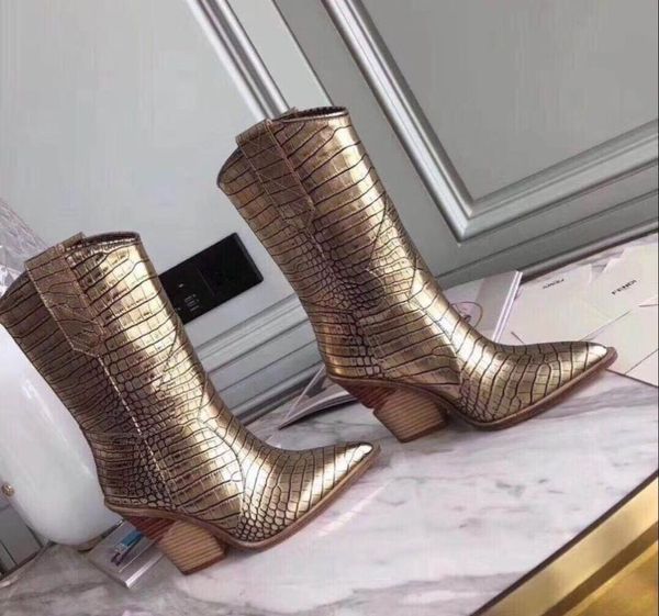 

boots western patched strange style heels women mid calf python leather ladies short wood highed female, Black