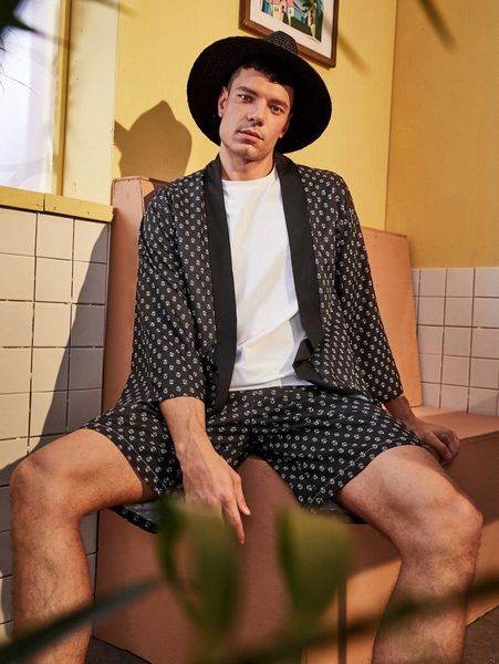 

men allover floral print shirt with shorts a4az#, Gray