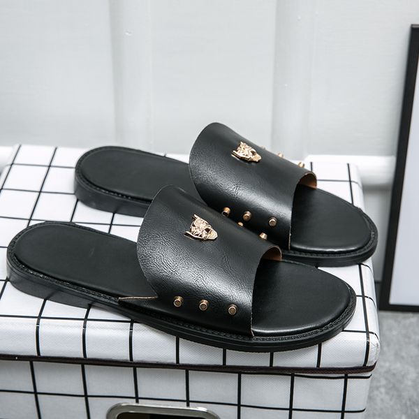 GUTE QUALITÄT Herren Hausschuhe ACE Designer Slides Metallknopf Vintage flache Strandschuhe aus echtem Leder schwarze Sandalen Luxusmarke Flip Flop Slide Große Größe 38-48