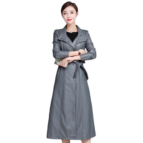 

women's leather & faux x-long jacket women 2021 autumn winter trench coat fashion with belt plus size 5xl, Black