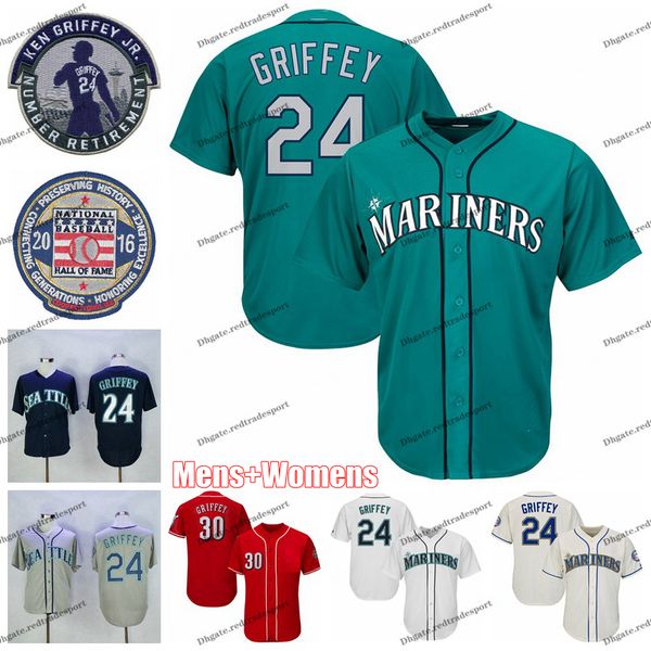 NCAA Erkek Vintage 2016 Onur Listesi 24 Ken Griffey Jr. Teal Beyzbol Forması 30 Ken Griffey Jr. Kırmızı Gömlek Emekli Yama Bayan