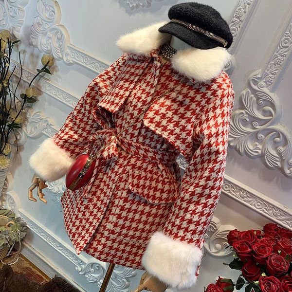 

woolen coat female jacket winter coat women faux fur collar plaid long jackets korean wool coat manteau femme outwears, Black;brown