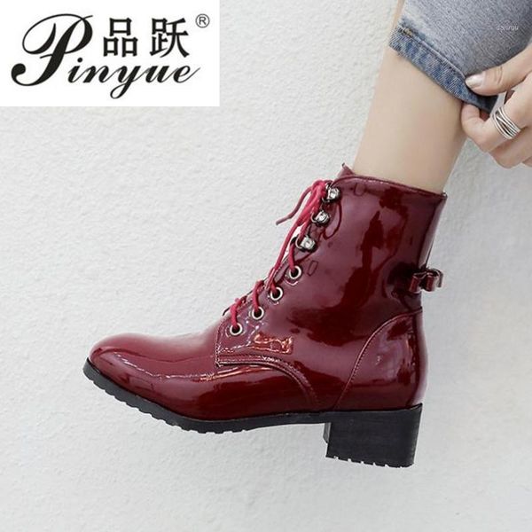 

boots spring women shoes pointed toe lace up high heels patent leather bare black botas mujer1