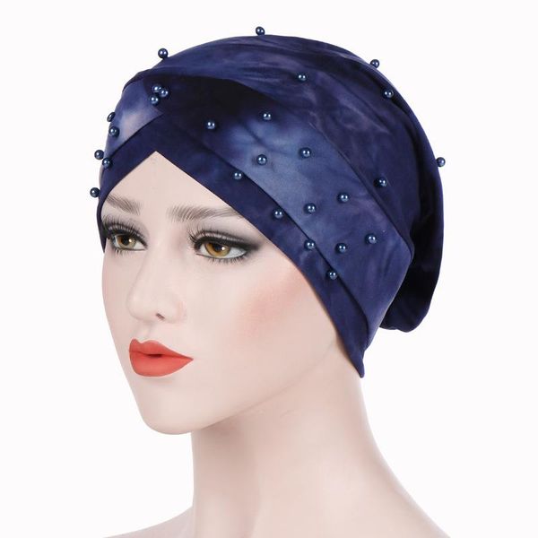 

european and american new style stretch cloth forehead cross beaded hat tie-dye chemotherapy head hat, Blue;gray