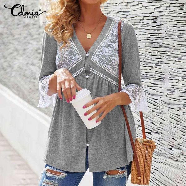 

vintage women blouses lace tunic celmia 2020 summer flare sleeve casual buttons work shirts v neck party blusas mujer1, White