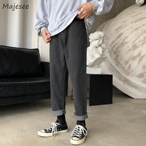 

men's jeans black baggy men fashion ankle-length loose mid-waist casual denim trousers vintage autumn all-match washed college ins, Blue