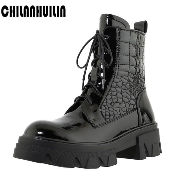 

women platform chunky heeled bootie women shoes autumn winter mixed leather ankle boots round toe lace-up ladies shoes boot, Black
