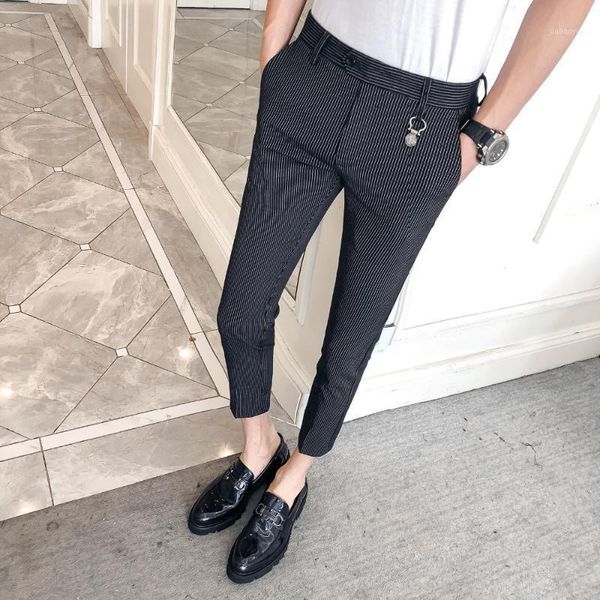 

2020 new pinstripe pants men's korean version of the self-cultivation stretch thin feet pants hair stylist tight-fitting trouser1, Black