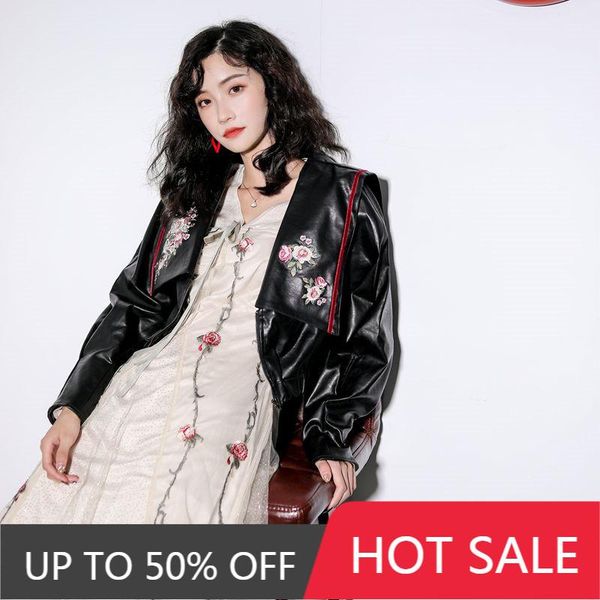 

women leather jacket autumn chic black floral embroidery navy collar loose jacket cropped motor style short pu, Black;brown