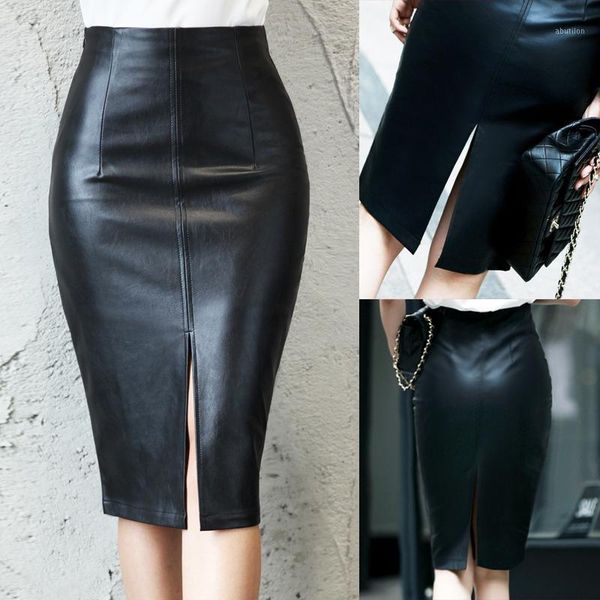 

skirts women's black high waist slim split pu leather half body bag hip skirt1
