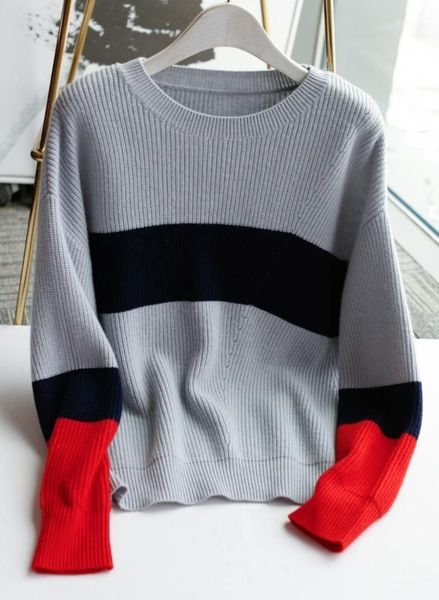 

2019 new ladies fashion long sleeve colorblock wool knit sweater 12031, White;black