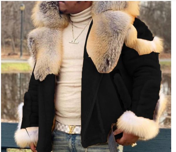 

european and american autumn and winter men's faux leather fleece fur one large fur collar long sleeve jacket, Black