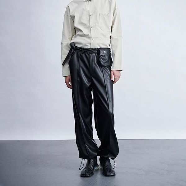 

2020 men women's clothing hair stylist catwalk detachable waist bag texture drawstring pu leather pants plus size costumes 27-46, Black