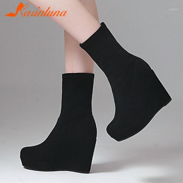 

plus size 34-42 leisure shoes women 2021 new arrivals wedges heels solid paltform slip-on round toe mid-calf boots1, Black