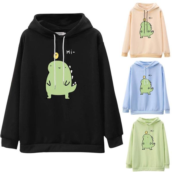 

hoodie женская бесплатная доставка свободные повседневные сплошные цвета динозавр печать с длинными рукавами пуловер с капюшоном топы дешевы, Black