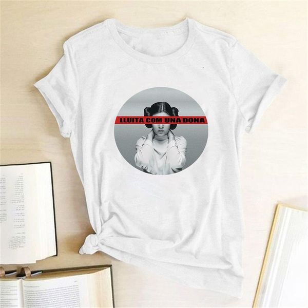 

lluita com una dona print feminist t shirt women short sleeve round neck harajuku t-shirt graphic tees women 2020 clothes top, White