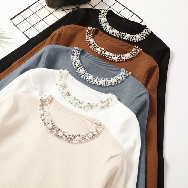 

autumn beadings o-neck pullover women's sweater long sleeve solid office lady female jumper winter khaki woman sweaters 201023, White;black
