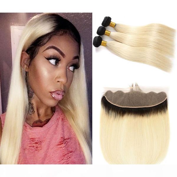 

brazilian straight 1b 613 ombre blonde 3 bundles with 13x4 ear to ear lace frontal human hair weaves black root blonde hair extensions, Black;brown
