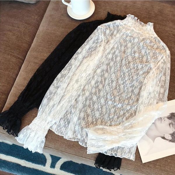 

women's blouses & shirts casual long sleeve solid womens chiffon and ladies korean vintage lace o-neck flare blusas mujer, White