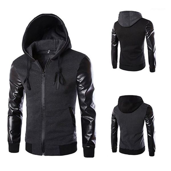 

men fashionleather jacket korean style cool hooded pocket zip faux leather sleeve jacket coat1, Black;brown