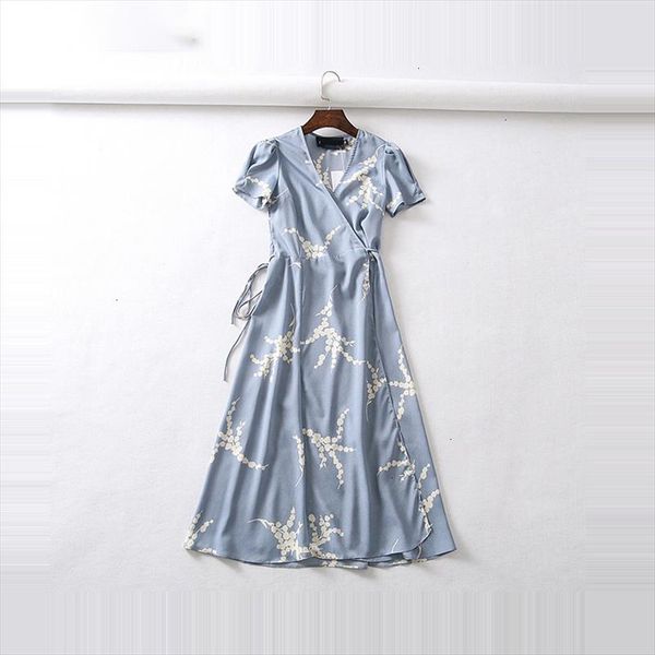 

summer flower dot print wrap dress women short sleeve chiffon beach dress korean fashion work vestidos v neck party midi, Black;gray