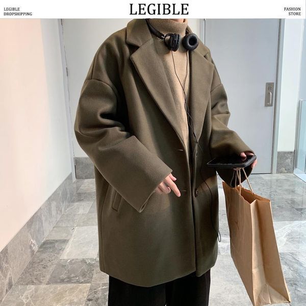

legible solid wool coat mens winter overcoat turndown collar jackets coats male casual korean button windbreaker1, Black