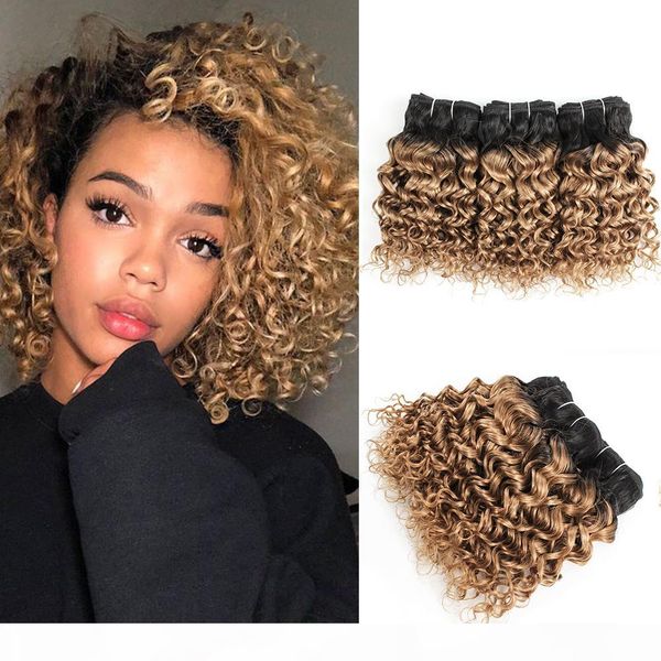 

1b 27 ombre honey blonde deep curly hair bundles 10 12 14inch 3 bundles brazilian water wave hair remy human hair extensions wholesale, Black