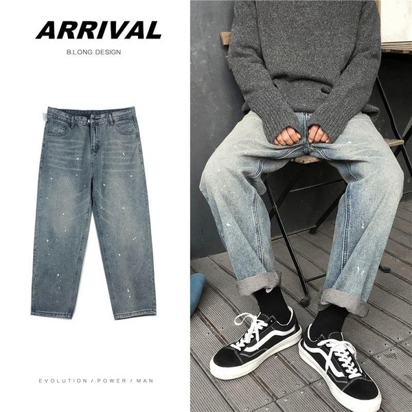 

japanese male fashion loose street punk trouser retro graffiti printing men korean loose jeans men straight casual trousers, Blue