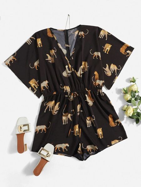 

plus leopard print overlap collar dolman sleeve tie front romper q1vb#, Black
