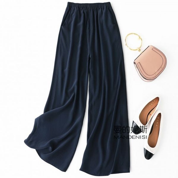 

women's 100% pure silk thin loose type long pants trousers beige black navy lj201201, Black;white