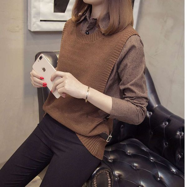 

spring drs new shirt collar sweater coat women's korean loose fake two piece knitted vt stitching women, White;black