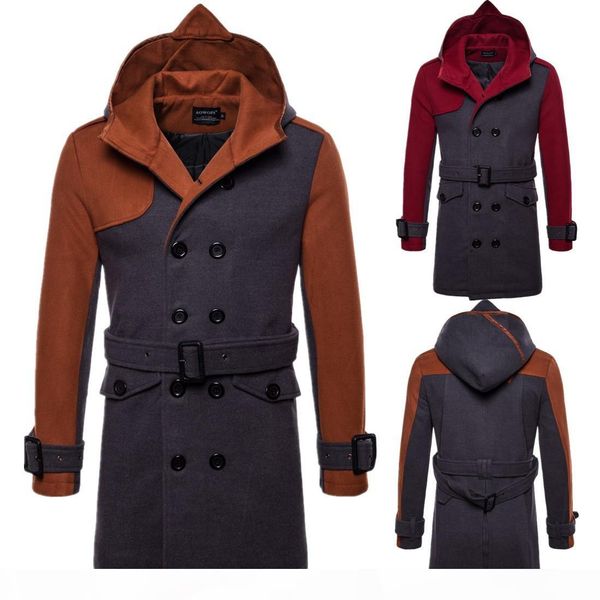 

men designer vintage hooded trench coats woolen double breasted belt mid-length windbreakers coat winter men jacket overcoat outwear s-3xl, Tan;black