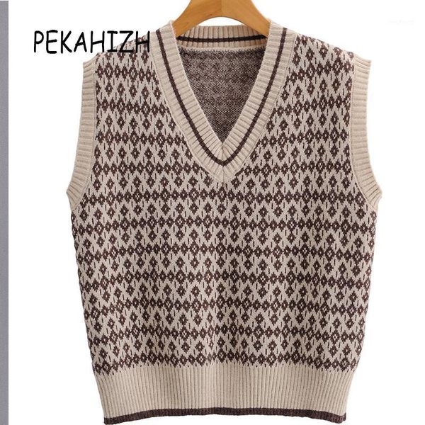 

vintage v-neck sleeveless plaid knitted sweater fashion slim warm sweet cute pullover vest lady casual loose chic, Black;white