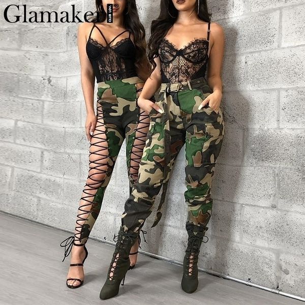 

glamaker camo cotton high waist women cargo pants casual female fitness pants summer skinny bottom pants spring trousers t200223, Black;white