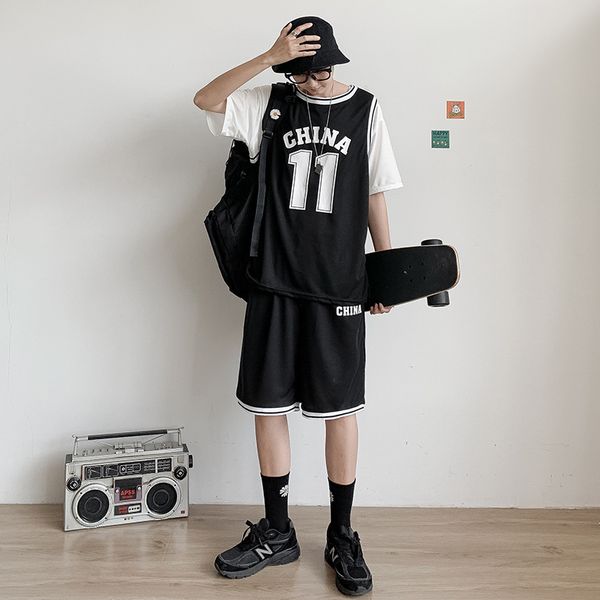 

e-baihui 2021 men's summer short-sleeved suit, letter printed t-shirt sports casual wear two-piece loose shorts jks598, Gray