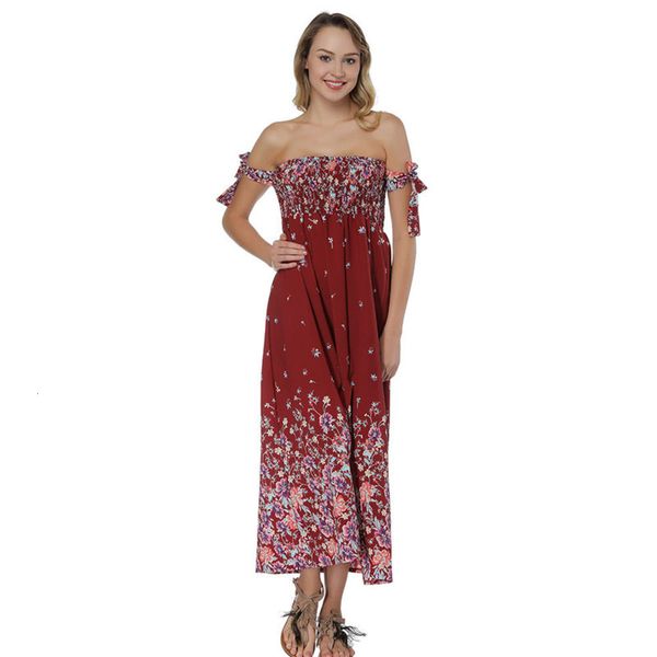 

spring off beach shoulder summer bohemian print dress holiday style, Black;gray